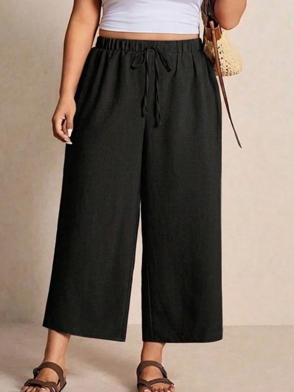 Plus black Solid Stretchy Waist Cropped Wide leg Pants